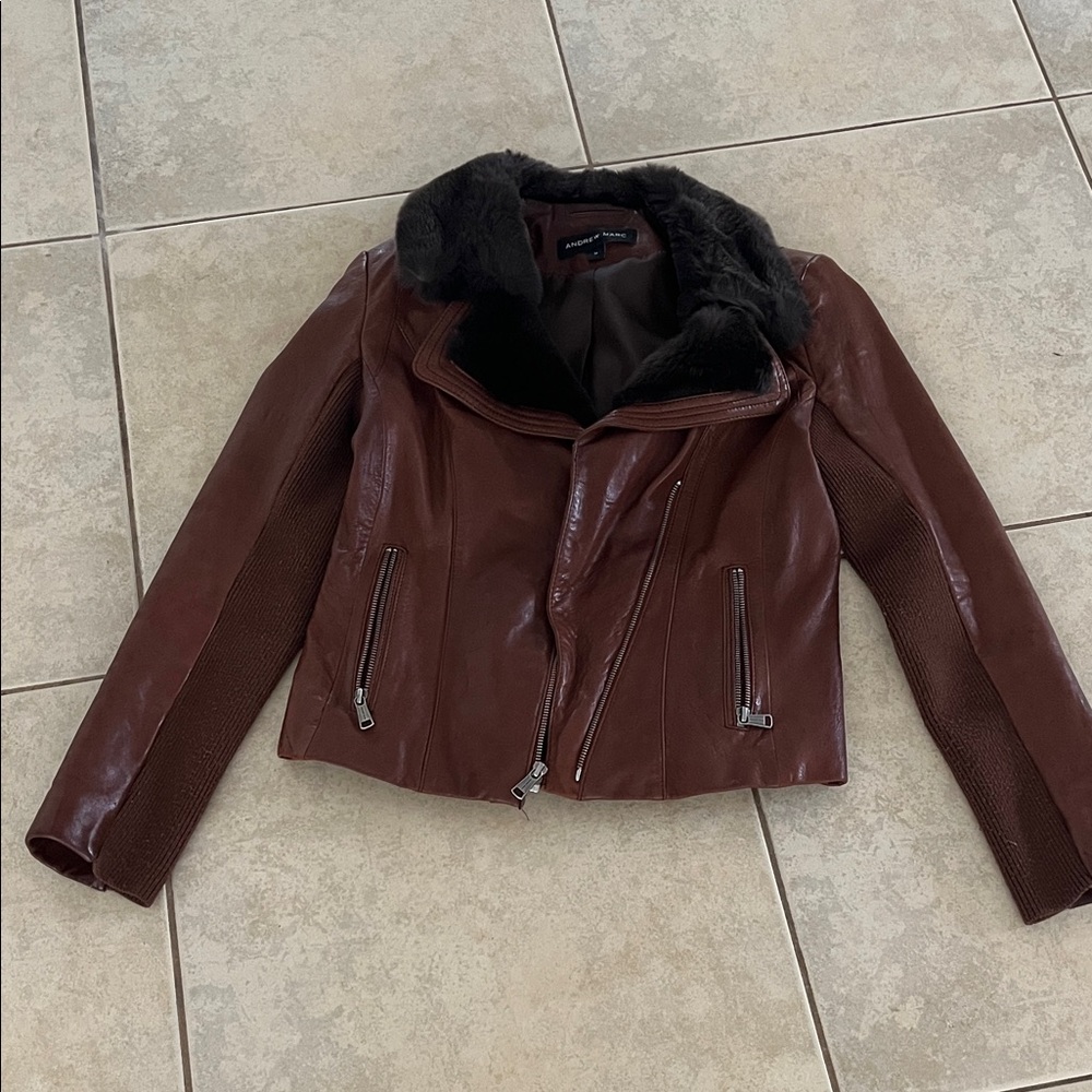 Andrew Marc Dark Brown Leather Jacket with Black Fur Collar